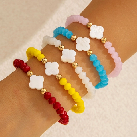 Colorful Glass Beaded Bracelet With Ceramic-Look PVC Clover Flower Pendant Bohemian Summer Vacation Fashion Jewelry For Women
