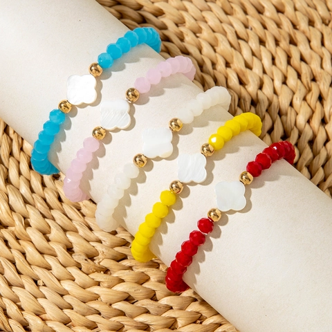 Colorful Glass Beaded Bracelet With Ceramic-Look PVC Clover Flower Pendant Bohemian Summer Vacation Fashion Jewelry For Women