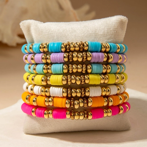 Bohemian Bunte Polymer Clay Heishi Perlen Armband Elastisch Sommer Strand Handgefertigter Schmuck Für Damen