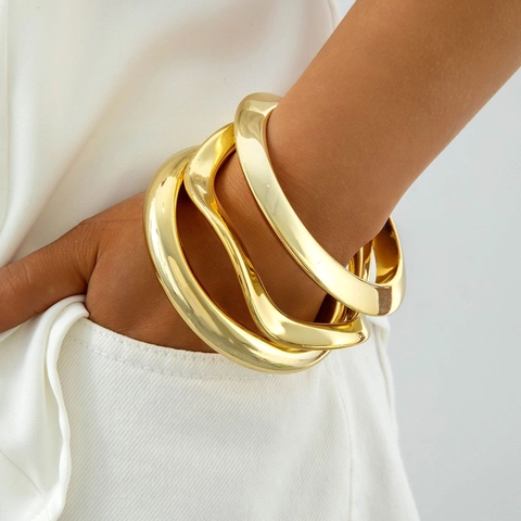 Bracciali Rigidi Oro Geometrici Spessi Minimalisti Ondulati Finitura Metallica Lucida Gioielli Di Moda Per Donne