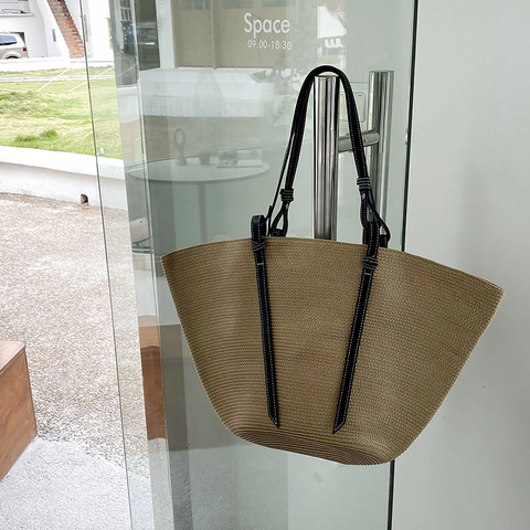 Bolso Tote De Paja Tejida De Gran Capacidad Patchwork Bloque De Color Bolso De Hombro Con Costuras En Contraste Mujeres Playa Verano