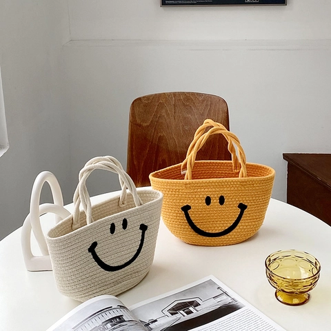 Hand-Woven Cotton Rope Handbag Smiling Pattern Casual Beach Tote Summer Basket For Women Kids