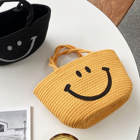 Hand-Woven Cotton Rope Handbag Smiling Pattern Casual Beach Tote Summer Basket For Women Kids