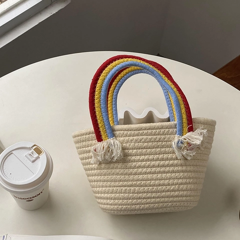 Bolso de Mano Tejido de Cuerda de Algodón Hecho a Mano Con Asa de Arcoíris Borla Bolso de Cubo para Playa Verano Mujer Niños