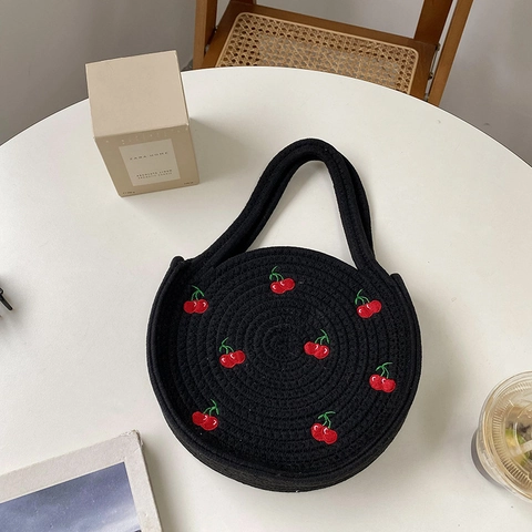 Round Handbag Woven Cotton Rope Cherry Embroidery Vintage Vacation Style Black Tote Bag For Women