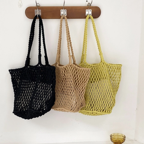 Damen Gewebte Umhängetasche Große Kapazität Ausgehöhlt Baumwollseil Tote Für Urlaub Sommer Strand Bohemian Handtasche Innentasche
