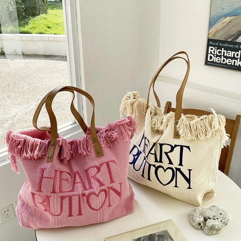 Große Kapazität Canvas Tote Bag Mit Fransen Buchstaben Print PU Leder Griffen Lässige Schultertasche Für Damen