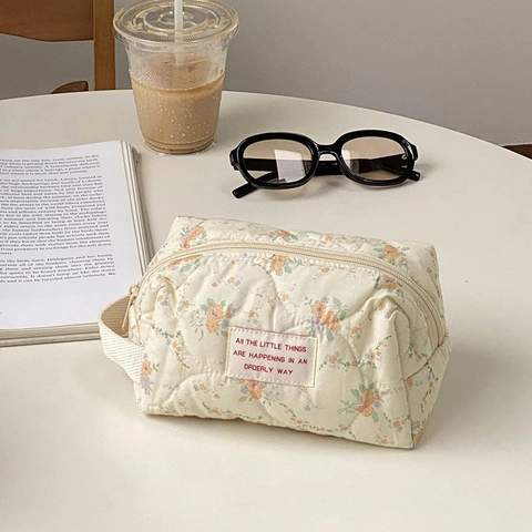 Floral Print Quilted Cotton Cosmetic Bag Portable Travel Makeup Storage Pouch With Handle Zipper Organizer For Women