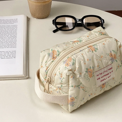 Floral Print Quilted Cotton Cosmetic Bag Portable Travel Makeup Storage Pouch With Handle Zipper Organizer For Women
