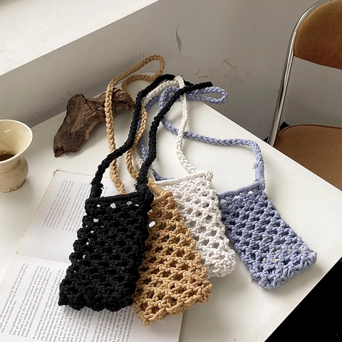 Handgefertigte Macrame Gewebte Mini Umhängetasche Für Handys Hohlnetz Gitter Design Böhmisch Künstlerisch Minimalistisch