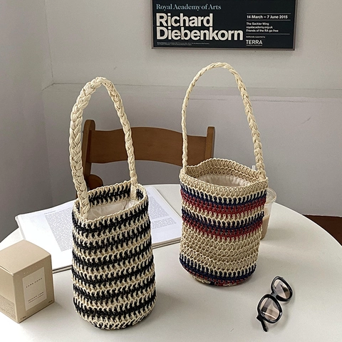 Sac Seau Tissé En Paille Rayé Style Bohème Vacances Cordon Coulissant Sac À Épaule Décontracté Pour Femme
