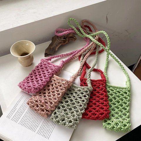 Handgefertigte Macrame Gewebte Mini Umhängetasche Für Handys Hohlnetz Gitter Design Böhmisch Künstlerisch Minimalistisch