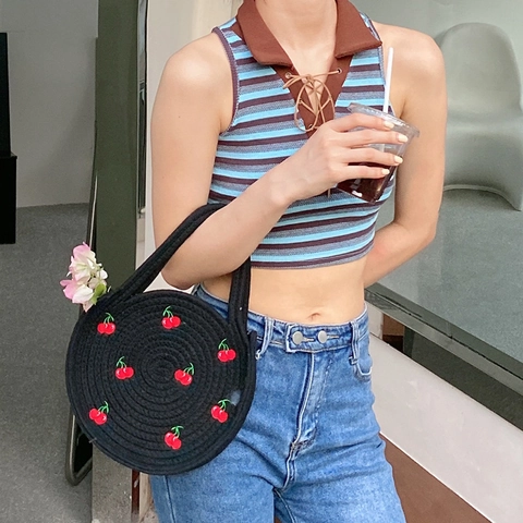 Round Handbag Woven Cotton Rope Cherry Embroidery Vintage Vacation Style Black Tote Bag For Women