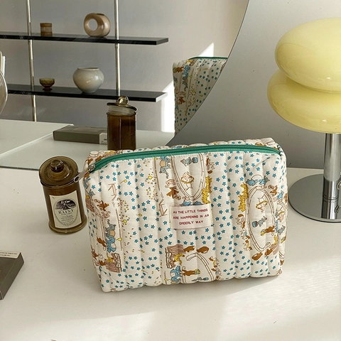 Borsa Per Trucchi In Cotone Trapuntato Stampa Animali Stelle Grande Capacità Pochette Portaoggetti Cerniera Organizzatore Da Viaggio Portatile