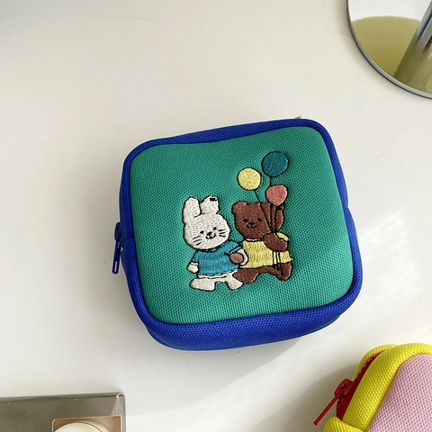 Mini Quadratisch Münzbörse Cartoon Stickerei Polyester Reißverschluss Aufbewahrungstasche Für Kopfhörer Schlüssel Kosmetik Beutel