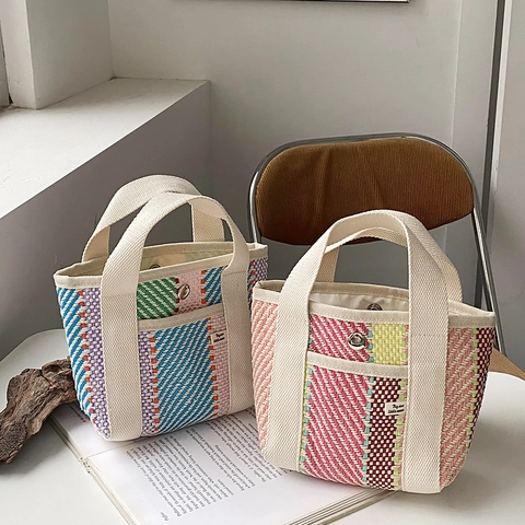Multi Color Woven Straw Tote Bag Striped Small Handbag For Women Casual Summer Beach Purse With Canvas Handle