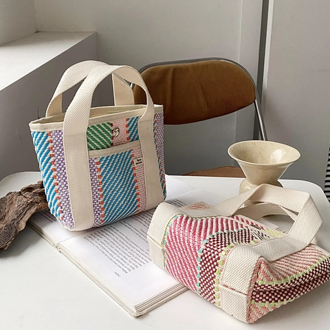 Multi Color Woven Straw Tote Bag Striped Small Handbag For Women Casual Summer Beach Purse With Canvas Handle