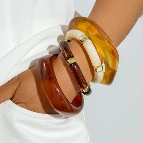 Brazaletes De Resina Gruesos Retro Y Pulseras De Cuentas Patrón De Carey Mármol Estilo Bohemio Geométrico Para Mujeres