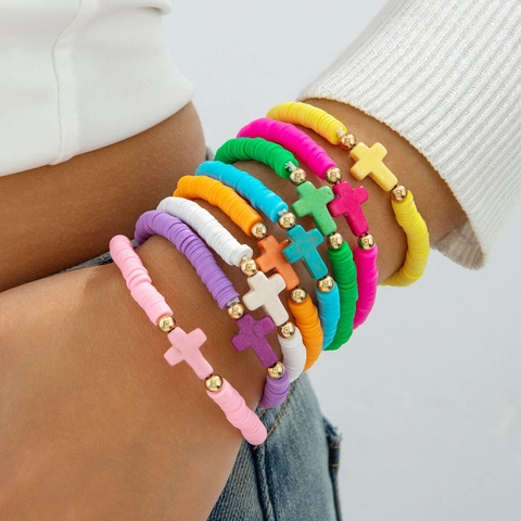 Bohemian Colorful Polymer Clay Heishi Bead Bracelet Cross Pendant Gold Metal Beads Jewelry For Women Unisex
