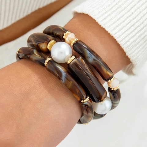 Acrylic Curved Tube Beaded Bracelets Retro Faux Artificial Pearl Elastic Stackable Jewelry For Women Maillard Brown