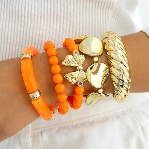 Gioielli Moda Lega Resina Bracciale Perline Arancione Fiocco Oro Polsino Intrecciato Bangle Per Donne Accessorio Hip Hop