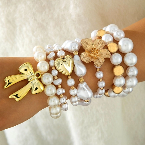 Multi Layer Faux Artificial Pearl Beaded Bracelets For Women Gold Tone Alloy Bow Flower Heart Charms Elegant Chic Stackable Jewelry