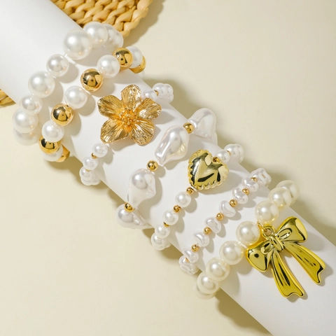 Multi Layer Faux Artificial Pearl Beaded Bracelets For Women Gold Tone Alloy Bow Flower Heart Charms Elegant Chic Stackable Jewelry