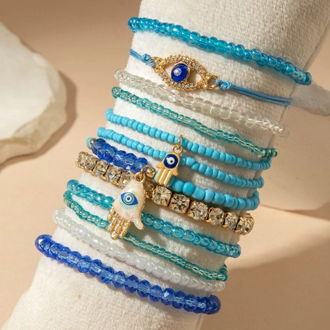 Evil Eye Hamsa Hand Perlenarmbänder Mehrlagig Bohemian Glas Legierung Blau Elastisch Verstellbarer Schmuck