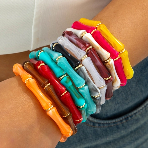 Bamboo Joint Bracelet Acrylic Beaded Elastic Wristband Colorful Minimalist Bohemian Style Unisex Hand Jewelry