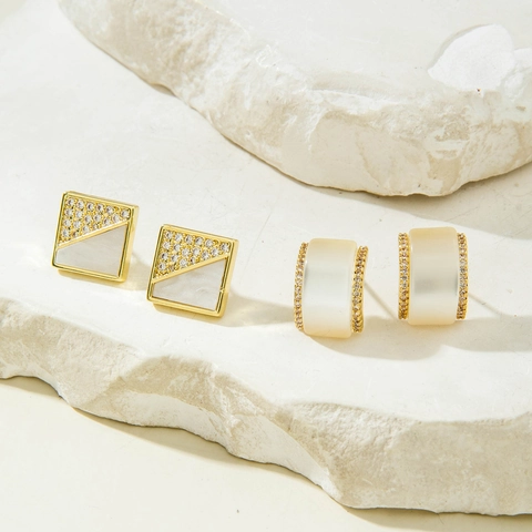 Geometrische Quadratische Ahornblatt Ohrstecker Kupfer Mit Zirkonia Und Muscheleinlage Mode Eleganter Schmuck Frauen