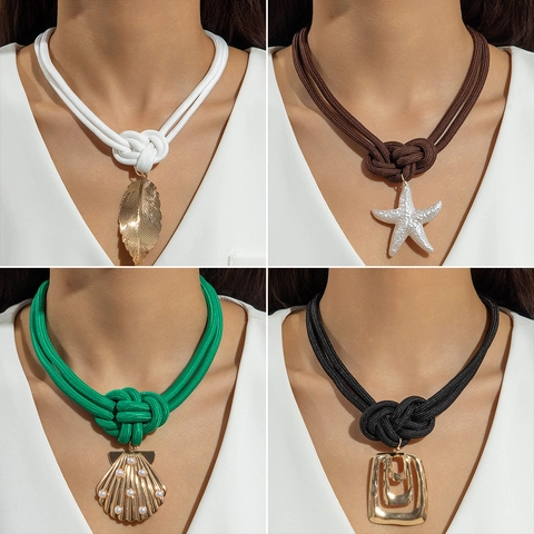 Collier à Nœud en Corde Tressée Fait Main Avec Pendentif Feuille d'Étoile de Mer en Anneau Métallique Bijoux de Vacances pour Femmes Collier Choker Bohème