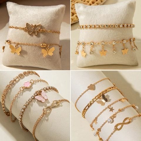 Schmetterling Strass Fußkettchen Armband Mehrlagig Legierung Fußkette Schmuck Strand Urlaub Boho Stil Für Damen Verstellbar