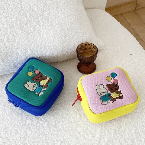 Mini Quadratisch Münzbörse Cartoon Stickerei Polyester Reißverschluss Aufbewahrungstasche Für Kopfhörer Schlüssel Kosmetik Beutel