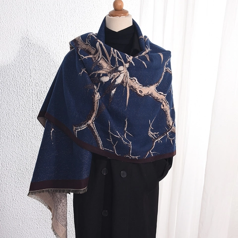 Winter Scarf Shawl Imitation Cashmere Polyester Rayon Blend Warm Retro Branch Print Tassels Elegant For Women