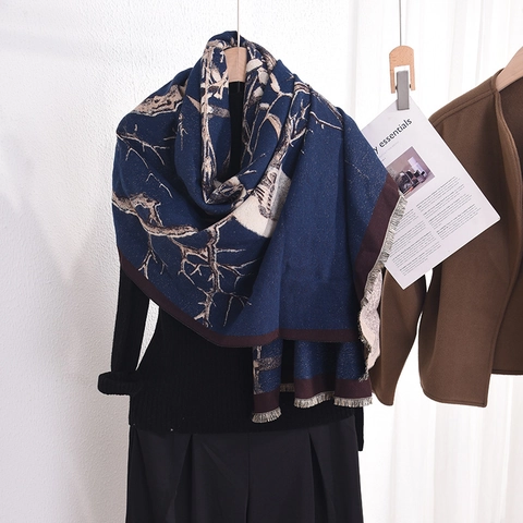 Winter Scarf Shawl Imitation Cashmere Polyester Rayon Blend Warm Retro Branch Print Tassels Elegant For Women