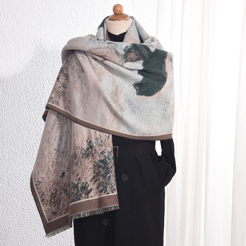 Women's Impressionist Art Monet Woman With A Parasol Print Imitation Cashmere Shawl Large Tassel Jacquard Warm Winter Scarf