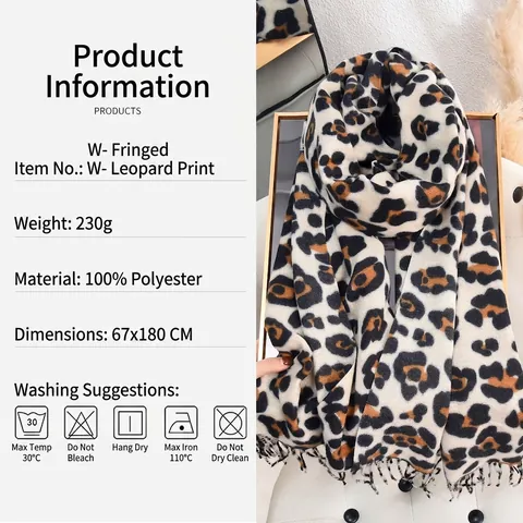 Bufanda Vintage con Estampado de Leopardo para Mujer Imitación de Cachemira Invierno Cálida Chal con Borlas Elegante Moda Envoltura Larga