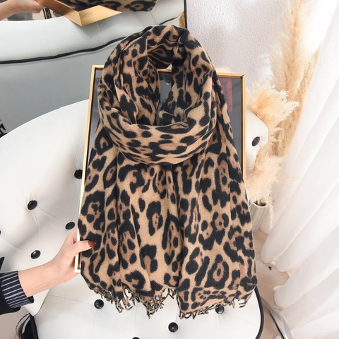 Sciarpa Leopardata Imitazione Cashmere Calda Invernale Scialle Moda Elegante Nappine Avvolgere Per Donne