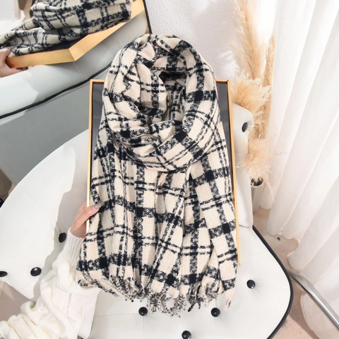 Sciarpa A Quadri Invernale Finto Cashmere Poliestere Caldo Morbido Scialle Con Frange Per Donna Stile Coreano Autunno