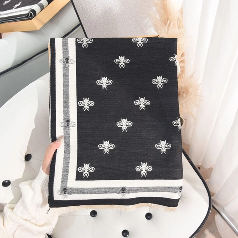 Women Vintage Bee Jacquard Scarf Elegant Imitation Cashmere Warm Pashmina Wrap With Tassels Soft Winter Shawl