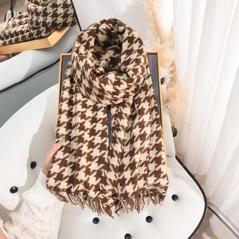 Hahnentrittmuster Schal Imitat Kaschmir Langer Schal Warm Herbst Winter Fransen Accessoires Für Damen