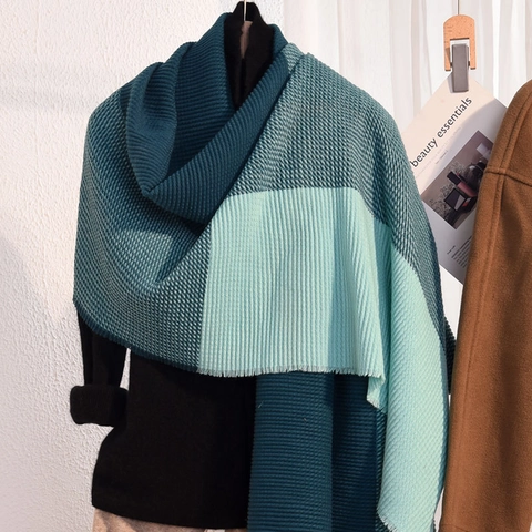 Écharpe Imitation Cachemire Color Block Plissée Hiver Châle Chaud Pour Femmes Polyvalent Tricoté Franges