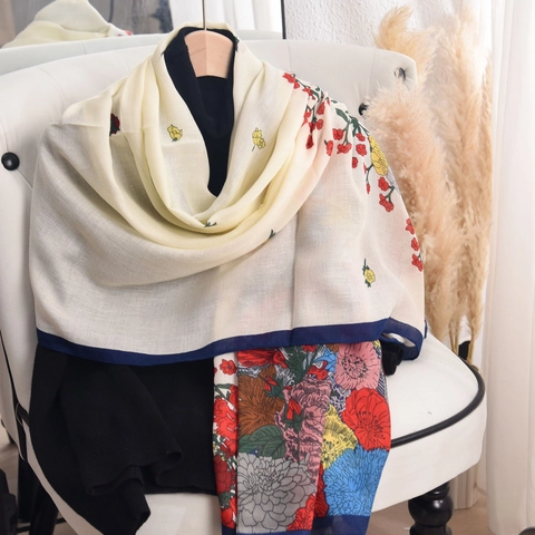 Sciarpa Con Stampa Floreale Donna Poliestere Leggera Traspirante Scialle Moda Elegante Bordo A Contrasto Casual Vintage