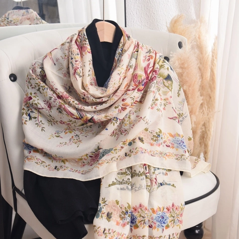 Floraler Vogeldruck Schal Wickeltuch Eleganter Leichter Polyester Schal Pastoraler Stil Für Frauen Urlaubsgeschenk