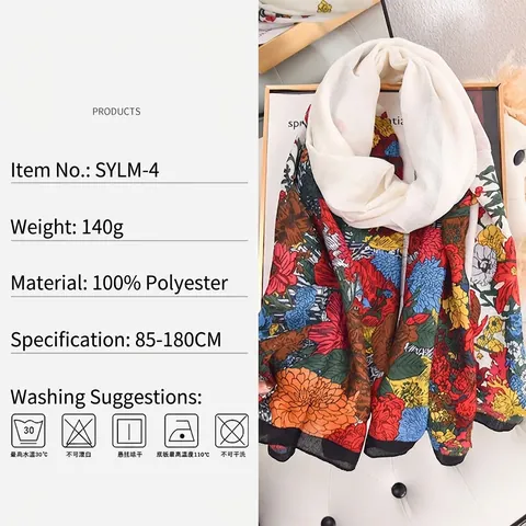 Sciarpa Con Stampa Floreale Donna Poliestere Leggera Traspirante Scialle Moda Elegante Bordo A Contrasto Casual Vintage