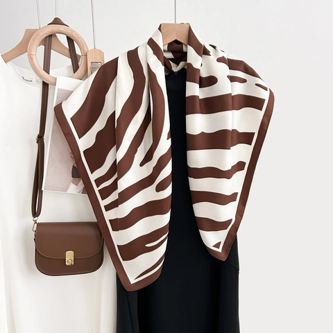 Women Zebra Print Satin Square Scarf British Retro Large Polyester Neckerchief Fashion Head Hair Scarf Wrap Accessory