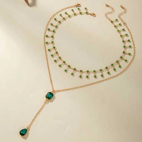 Vintage Smaragdgrün Kristall Layered Y Halskette Kupfer Legierung Strass Quaste Elegante Schmuck Für Damen