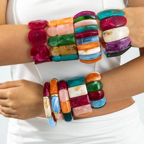 Acrylic Resin Spliced Bracelet Marble Texture Chunky Elastic Retro Bohemian Colorful Geometry Jewelry For Women