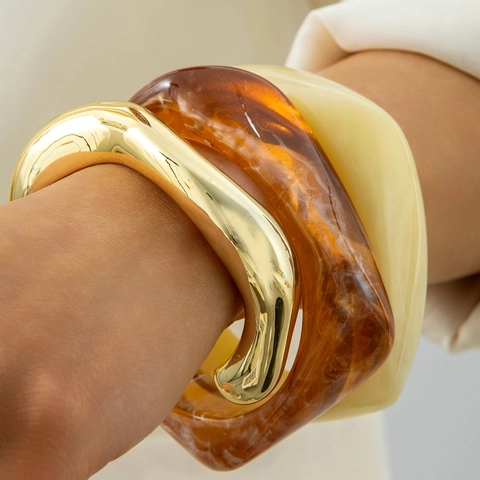 Irregular Chunky Bangles Alloy And Acrylic Resin Marble Amber Geometric Punk Jewelry For Women