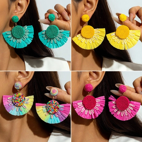 Pendientes Bohemios En Forma De Abanico Tejidos A Mano De Rafia Tela Floral Estilo Vacaciones Mujeres Aleación Hierro